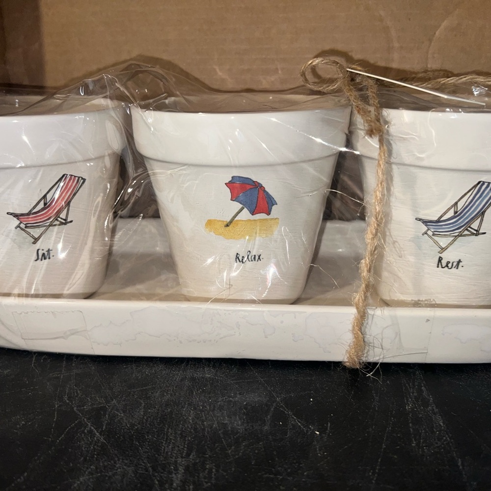 Rae Dunn White Planter Set with Beach Designs